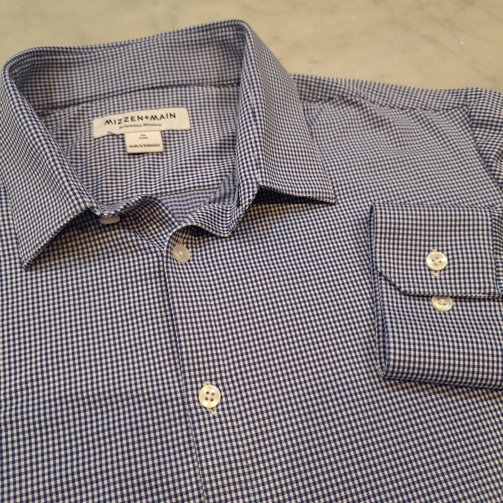 Mizzen+Main Dress Shirt Mens XL Blue Mini Gingham Trim‎ Fit Performance Stretch